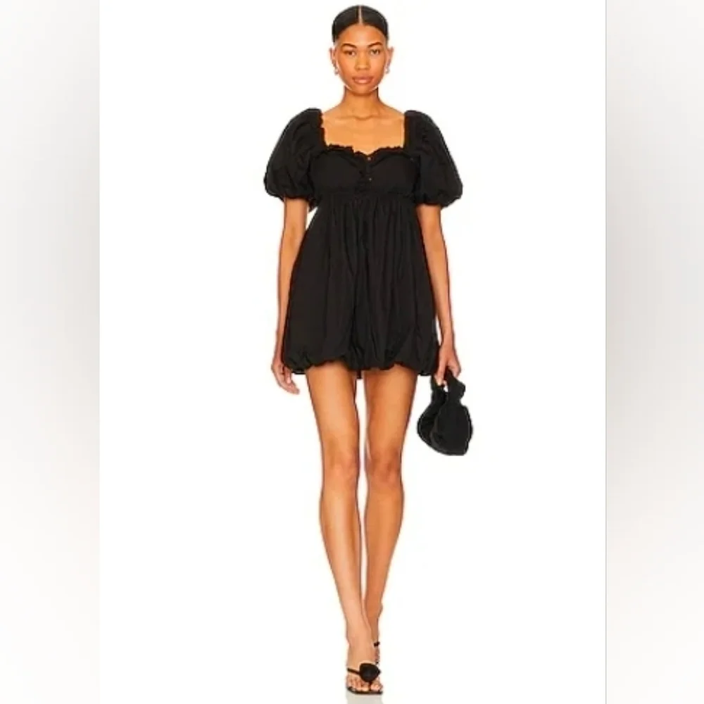❤️ NWT! FREE PEOPLE RENDEVOUS ME BLACK PUFF SLEEVE POPLIN MINI DRESS, MEDIUM
